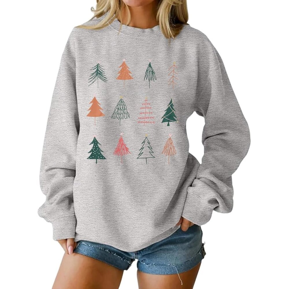 Christmas Trees Sweatshirt Size Medium Crewneck Long Sleeve Gray  Holiday NEW